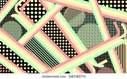 Memphis background. Abstract background with color lines and different elements for textile or wallpaper. Retro Pattern with Color Elements for your Design. Vector Texture.