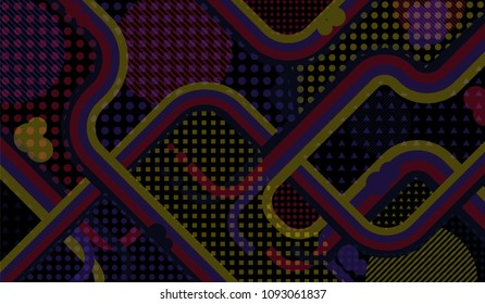 Memphis background. Abstract background with color lines and different elements for paper or print. Retro Pattern with Color Elements for your Design. Vector Texture.