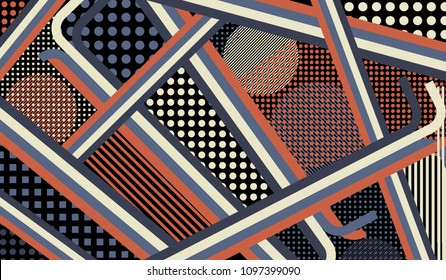 Memphis background. Abstract background with color lines and different elements for textile or wallpaper. Retro-Fututristic Background with Color Elements in Disco Style. Vector Texture.