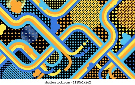 Memphis background. Abstract background with color lines and different elements for card or flyer. Retro-Fututristic Background with Color Elements in Disco Style. Vector Texture.