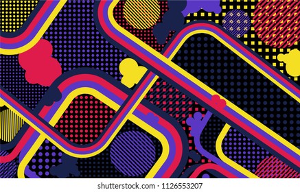 Memphis background. Abstract background with color lines and different elements for banner or mobile application. Retro Pattern with Color Elements for your Design. Vector Texture.