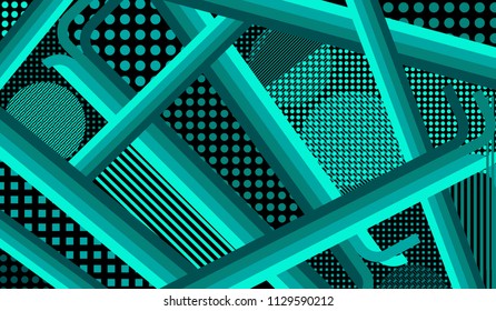 Memphis background. Abstract background with color lines and different elements for textile or wallpaper. Pop-Art Style. Vintage Background with Color Elements in Disco Style. Vector Texture.