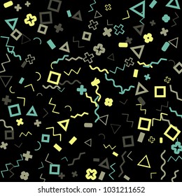 Memphis background.  Abstract background with different color figures for card or banner. Memphis background with figures of different forms and colors for your design. Vector texture.