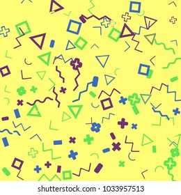 Memphis background.  Abstract background with different  color figures for print or card. Abstract memphis background with geometric colorful figures for your design. Vector texture.
