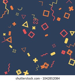 Memphis background.  Abstract background with different  color figures for poster or card. Abstract memphis background with geometric colorful figures for your design. Vector texture.