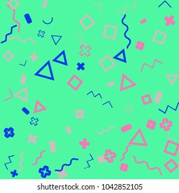 Memphis background.  Abstract background with different  color figures for poster or card. Abstract memphis background with geometric colorful figures for your design. Vector texture.