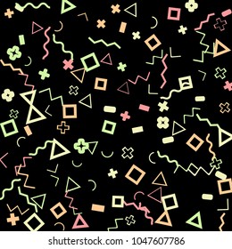 Memphis background.  Abstract background with different color figures for card or banner. Memphis background with figures of different forms and colors for your design. Vector texture.