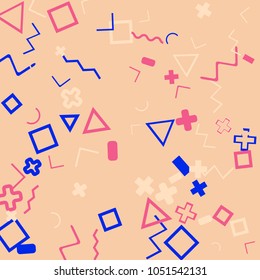 Memphis background.  Abstract background with different  color figures for poster or card. Abstract memphis background with geometric colorful figures for your design. Vector texture.