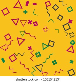 Memphis background.  Abstract background with different  color figures for poster or card. Abstract memphis background with geometric colorful figures for your design. Vector texture.