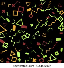Memphis background.  Abstract background with different  color figures for poster or card. Abstract memphis background with geometric colorful figures for your design. Vector texture.