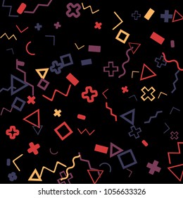 Memphis background.  Abstract background with different color figures for card or banner. Memphis background with figures of different forms and colors for your design. Vector texture.