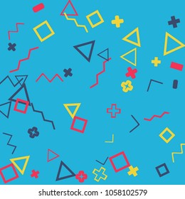 Memphis background.  Abstract background with different  color figures for poster or card. Abstract memphis background with geometric colorful figures for your design. Vector texture.