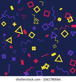 Memphis background.  Abstract background with different  color figures for poster or card. Abstract memphis background with geometric colorful figures for your design. Vector texture.