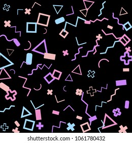 Memphis background.  Abstract background with different color figures for poster or print. Memphis background with figures of different forms and colors for your design. Vector texture.