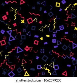 Memphis background.  Abstract background with different color figures for poster or print. Memphis background with figures of different forms and colors for your design. Vector texture.