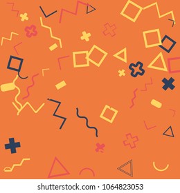 Memphis background.  Abstract background with different  color figures for poster or card. Abstract memphis background with geometric colorful figures for your design. Vector texture.