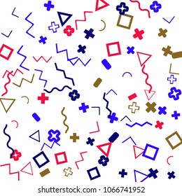 Memphis background.  Abstract background with different color figures for card or banner. Memphis background with figures of different forms and colors for your design. Vector texture.
