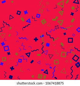 Memphis background.  Abstract background with different  color figures for poster or card. Abstract memphis background with geometric colorful figures for your design. Vector texture.