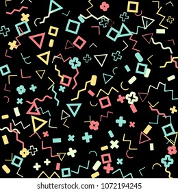 Memphis background.  Abstract background with different color figures for card or banner. Memphis background with figures of different forms and colors for your design. Vector texture.