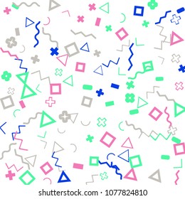 Memphis background.  Abstract background with different color figures for card or banner. Memphis background with figures of different forms and colors for your design. Vector texture.