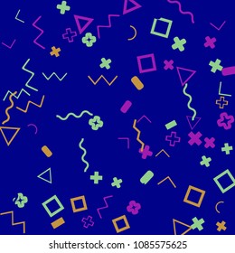 Memphis background.  Abstract background with different  color figures for poster or card. Abstract memphis background with geometric colorful figures for your design. Vector texture.