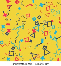 Memphis background.  Abstract background with different  color figures for card or banner. Abstract memphis background with geometric colorful figures for your design. Vector texture.