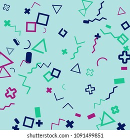 Memphis background.  Abstract background with different  color figures for poster or card. Abstract memphis background with geometric colorful figures for your design. Vector texture.