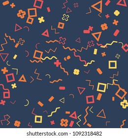 Memphis background.  Abstract background with different  color figures for print or card. Abstract memphis background with geometric colorful figures for your design. Vector texture.