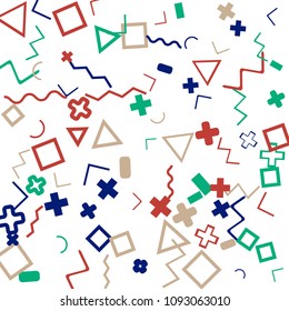 Memphis background.  Abstract background with different color figures for poster or print. Memphis background with figures of different forms and colors for your design. Vector texture.