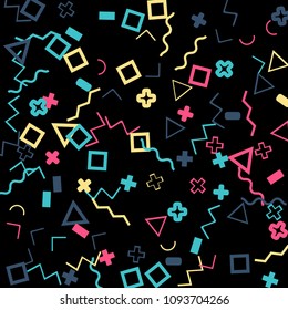 Memphis background.  Abstract background with different color figures for card or banner. Memphis background with figures of different forms and colors for your design. Vector texture.