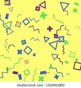 Memphis background.  Abstract background with different  color figures for print or card. Abstract memphis background with geometric colorful figures for your design. Vector texture.