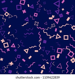 Memphis background.  Abstract background with different  color figures for poster or card. Abstract memphis background with geometric colorful figures for your design. Vector texture.