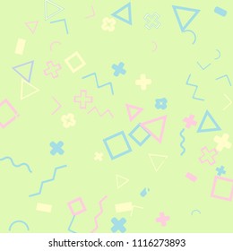 Memphis background.  Abstract background with different  color figures for poster or card. Abstract memphis background with geometric colorful figures for your design. Vector texture.