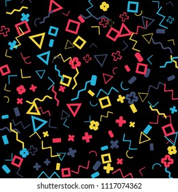Memphis background.  Abstract background with different color figures for mobile application or poster. Memphis background with figures of different forms and colors for your design. Vector texture.