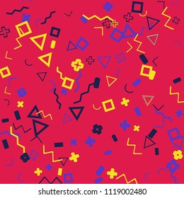 Memphis background.  Abstract background with different  color figures for poster or card. Abstract memphis background with geometric colorful figures for your design. Vector texture.