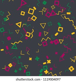 Memphis background.  Abstract background with different  color figures for print or card. Abstract memphis background with geometric colorful figures for your design. Vector texture.