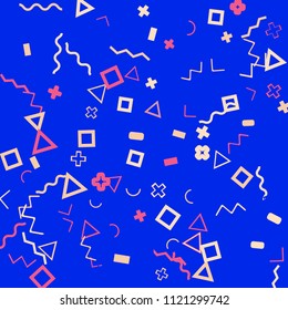 Memphis background.  Abstract background with different  color figures for print or card. Abstract memphis background with geometric colorful figures for your design. Vector texture.