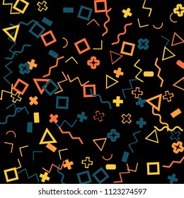 Memphis background.  Abstract background with different color figures for card or banner. Memphis background with figures of different forms and colors for your design. Vector texture.