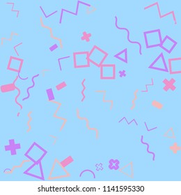Memphis background.  Abstract background with different  color figures for poster or card. Abstract memphis background with geometric colorful figures for your design. Vector texture.