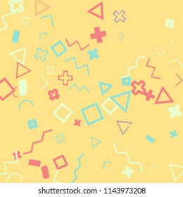 Memphis background.  Abstract background with different  color figures for print or card. Abstract memphis background with geometric colorful figures for your design. Vector texture.