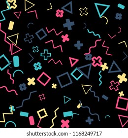 Memphis background.  Abstract background with different color figures for card or banner. Memphis background with figures of different forms and colors for your design. Vector texture.