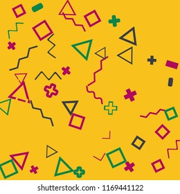 Memphis background.  Abstract background with different  color figures for card or banner. Abstract memphis background with geometric colorful figures for your design. Vector texture.
