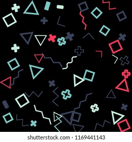 Memphis background.  Abstract background with different color figures for card or banner. Memphis background with figures of different forms and colors for your design. Vector texture.