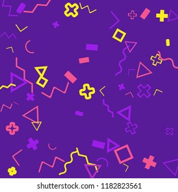 Memphis background.  Abstract background with different  color figures for poster or card. Abstract memphis background with geometric colorful figures for your design. Vector texture.