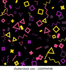 Memphis background.  Abstract background with different color figures for card or banner. Memphis background with figures of different forms and colors for your design. Vector texture.