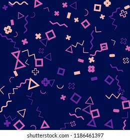 Memphis background.  Abstract background with different  color figures for poster or card. Abstract memphis background with geometric colorful figures for your design. Vector texture.