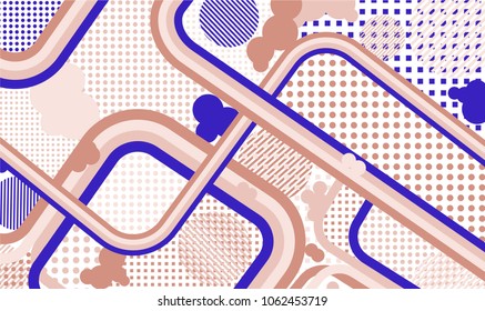 Memphis background. Abstract pattern with color strips and different elements for paper or print. Retro Pattern with Color Elements for your Design. Vector Texture.