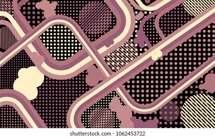 Memphis background. Abstract pattern with color strips and different elements for banner or mobile application. Pop-Art Style. Vintage Background with Color Elements in Disco Style. Vector Texture.