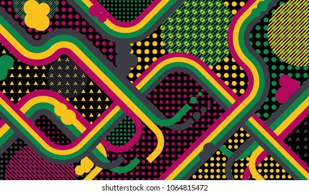 Memphis background. Abstract pattern with color strips and different elements for textile or wallpaper. Retro Pattern with Color Elements for your Design. Vector Texture.