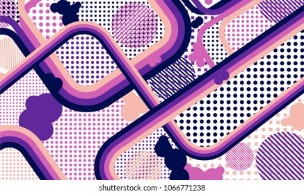 Memphis background. Abstract pattern with color strips and different elements for card or flyer. Retro-Fututristic Background with Color Elements in Disco Style. Vector Texture.